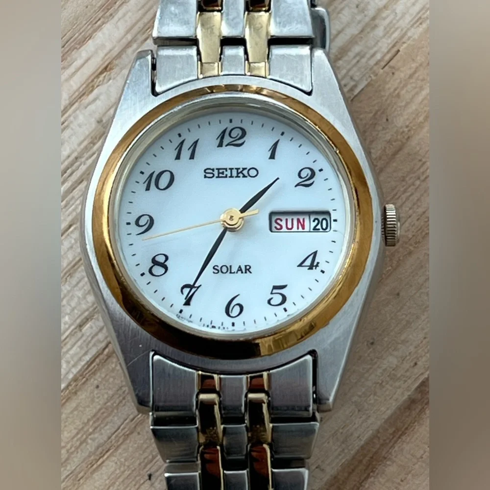 Seiko Solar Ladies Watch Two-Tone Bracelet White Dial Date Window New Crystal